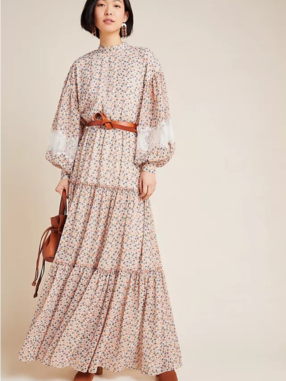 Anthropologie Beige and Pink Floral Tiered Maxi Dress